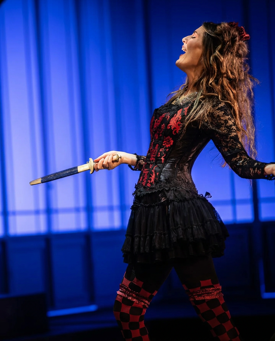 Kärlekens förbannelse at Wermland Opera, Ellinor Olmarken in costume with a sword
